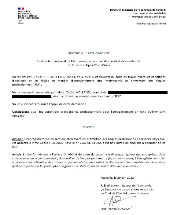 Décision d'enregistrement IPRP par la DREETS pour cécile holland